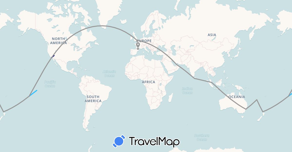 TravelMap itinerary: driving, plane, boat in United Arab Emirates, Australia, France, United Kingdom, Sri Lanka, New Caledonia, New Zealand, French Polynesia, Singapore, United States (Asia, Europe, North America, Oceania)